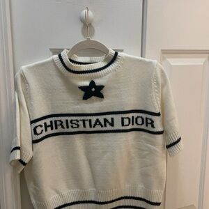 Christian Dior Ivory Knit Short Sleeve Sweater with Navy Logo